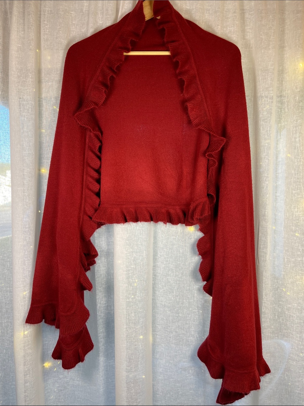 Ruffled Open-Front Shrug in Deep Red